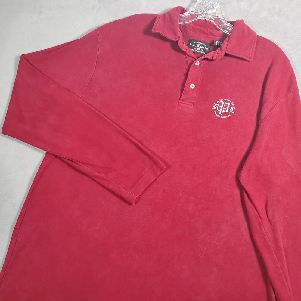 VTG Ralph Lauren Polo‎ Jeans Co. Polo Shirt Mens L Red Cotton Long Sleeve Logo